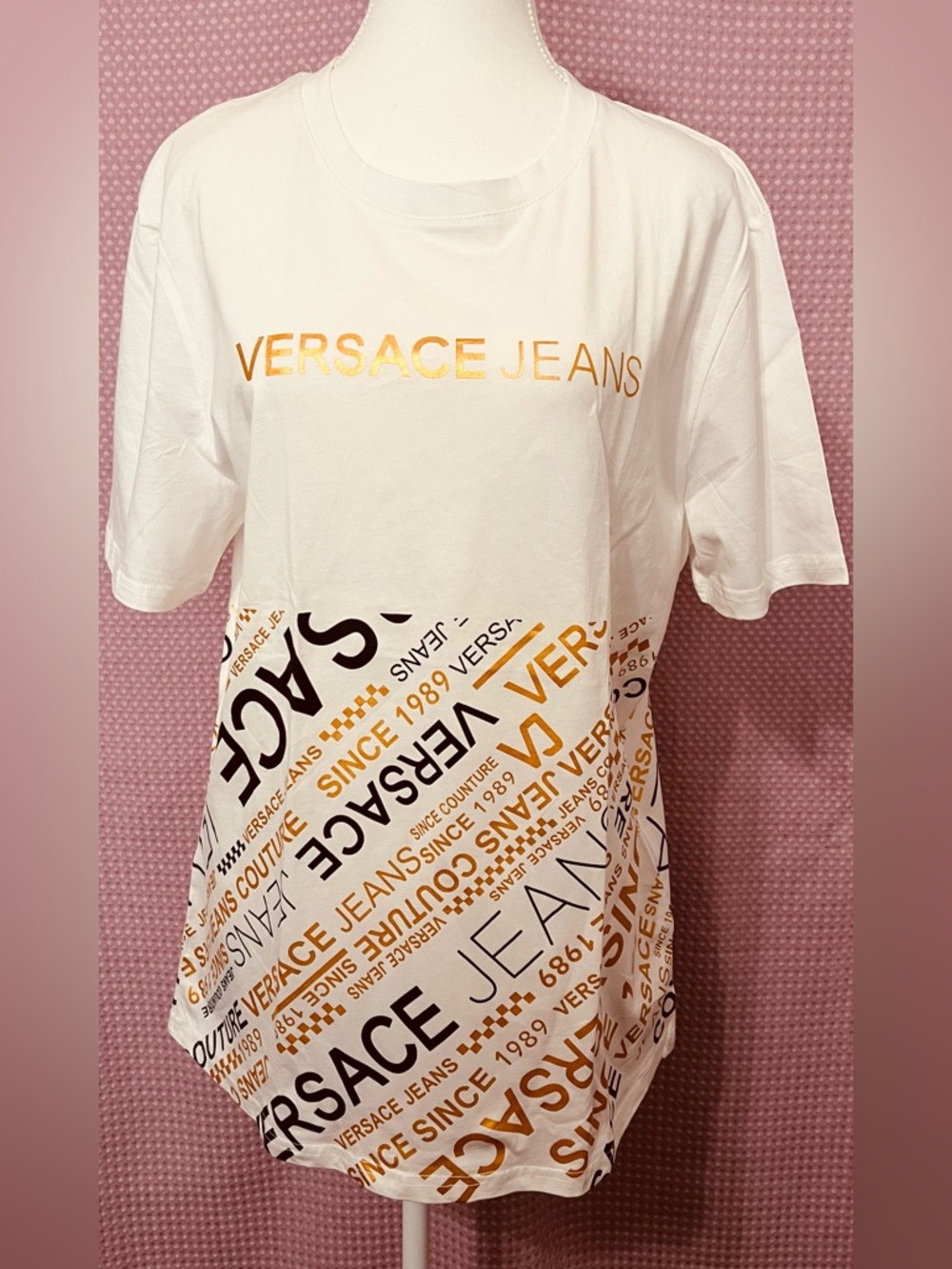 White Short-Sleeve Tee with Gold & Black Print